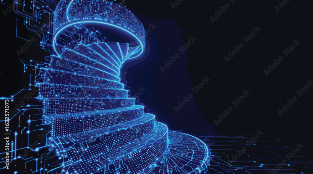 Aufkleber abstract digital circuitry staircase rising in a dark space with futuristic technological elements.