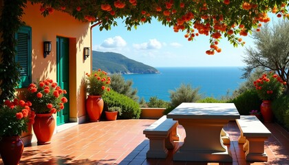 Mediterranean Terrace Overlooking Azure Sea Vibrant Orange Bougainvillea White Stone Dining Set Idyllic Coastal View