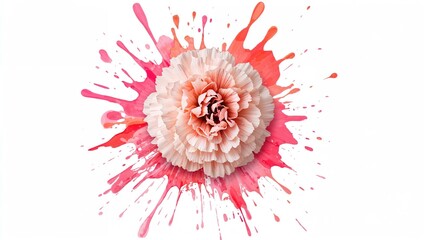 Vivid pink carnation with artistic paint splashes on a white isolated surface