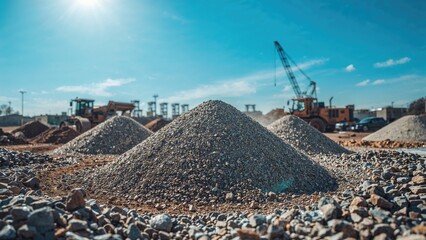 Stacks of Crushed Rock on Construction Ground under Sunny Sky