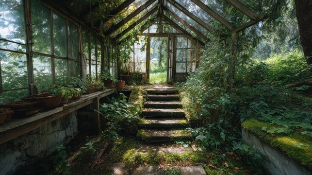 Abandoned Greenhouse Surrounded by Overgrown Plants and Vegetation
