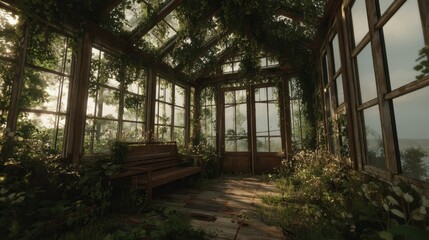 Fototapeta premium Abandoned Overgrown Greenhouse Interior with Nature's Embrace