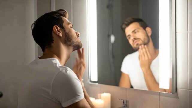 Handsome Man's Grooming Routine: Applying Aftershave and Checking Beard in a Modern Bathroom Mirror