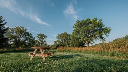 Serene Garden View with a Table for Dining Under a Cloudless Blue Sky
