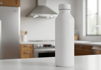 blank white drinking bottle with blurry kitchen on the background