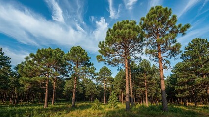 Fototapeta premium Tranquil outdoor setting with sunlit trees and a green park area