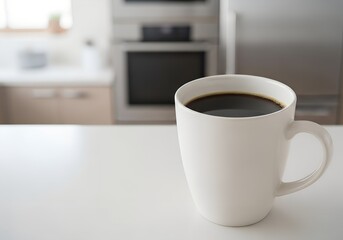 blank white coffee cup with blank coffee inside in the kitchen