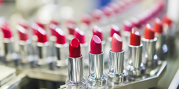 Close-up view of a vibrant lipstick display in production Generative AI