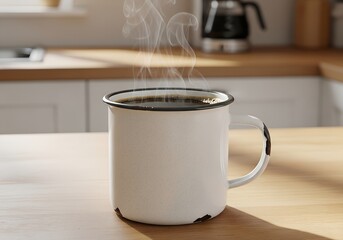 blank white enamel mug with hot black coffee inside