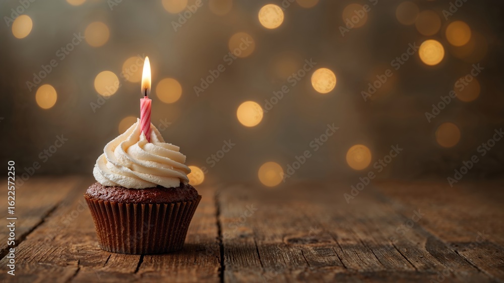 Poster scrumptious cupcake adorned with a burning candle set before a bokeh light background, space availab
