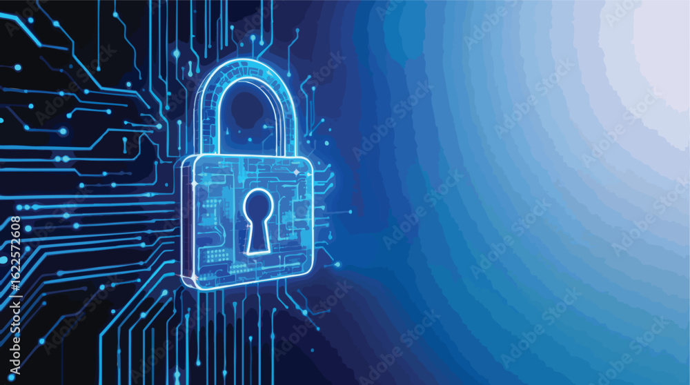 Poster cyber security concept of a glowing digital padlock with circuit board background.