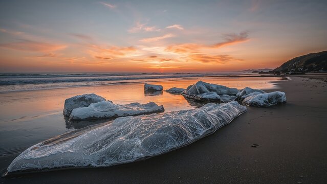 Dusk over a frozen rocky shoreline