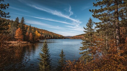 Obraz premium Autumn scenery at a mountain lake featuring colorful trees and pine cones under sunny skies