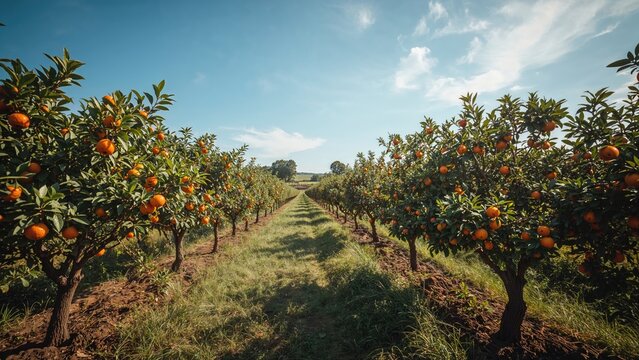Village landscape featuring orange trees