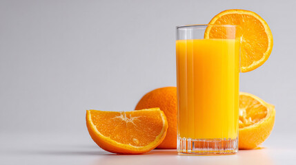A glass of orange juice with orange slices on a white background in a studio setting for breakfast