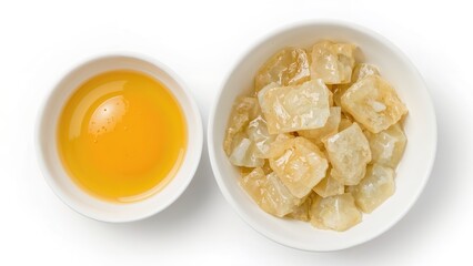 Close-up of salted duck egg yolk in a white dish, a key element in traditional mooncakes and steamed buns