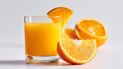 A glass of fresh orange juice with orange slices on a white surface creating a vibrant and healthy scene