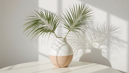 Trendy ceramic vessel with palm fronds and sunlit shadows, highlighting a boho-inspired space.