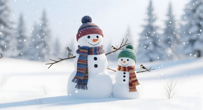 Merry christmas and happy new year greeting card with copy-space.Happy snowman standing in christmas landscape.Snow background.Winter fairytale - Powered by Adobe