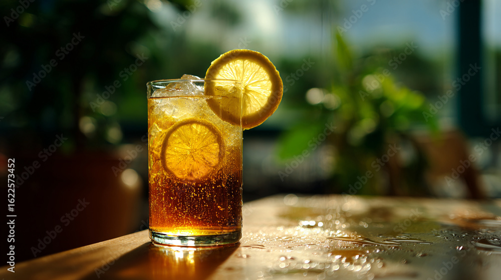 Poster a refreshing drink with ice and lemon slices on a wooden table in a bright and natural setting