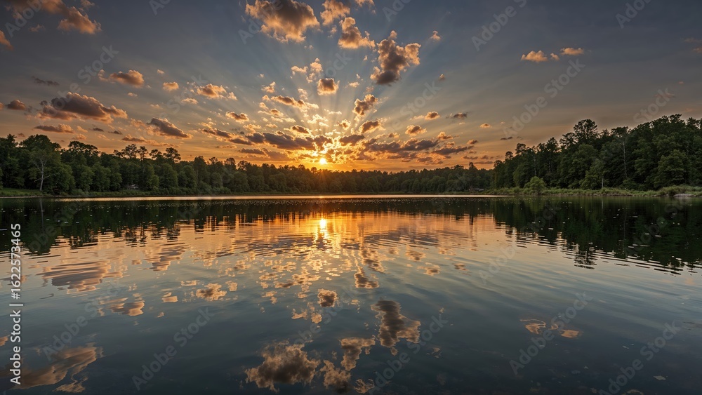 Poster sunset over a tranquil lake with horizon mirrored on the calm water, clouds and trees reflected in t