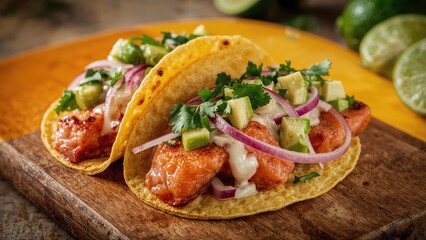 DIY taco featuring salmon, avocado, cucumber, and onion