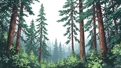 Lofty pine trees surrounded by firs on a blank white surface in a cartoonish or anime-inspired style