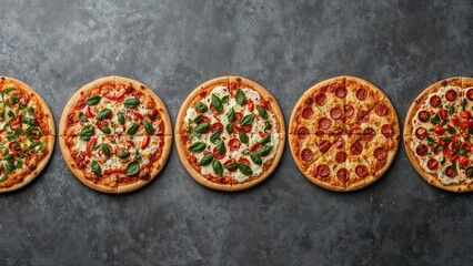 Wide banner featuring an array of pizza slices with assorted toppings on a slate surface for promotional menu use