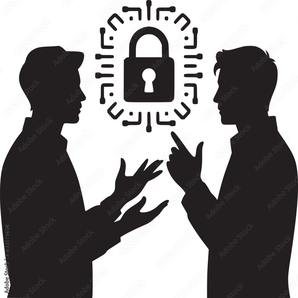 Aufkleber two silhouettes discussing digital security with a padlock surrounded by circuit board elements