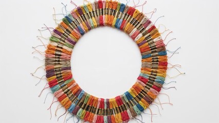 Isolated assortment of multicolored embroidery strands with ample white space