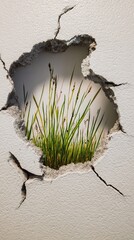 Green grass peeking through torn paper wall
