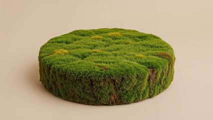 Circular wooden slab blanketed in lush green moss on a neutral beige surface, ideal for product showcasing