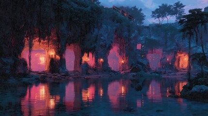 Obraz premium Mysterious Pirate Cove with Glowing Cave Entrances at Dusk