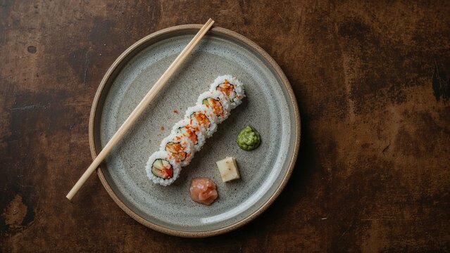 Wooden Table Displaying Tobico Sushi Roll and Sushi Sticks Alongside Wasabi and Pickled Ginger on a Grey Plate