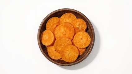 Wooden bowl filled with cut sweet potato pieces set on a white surface. Top-down perspective.