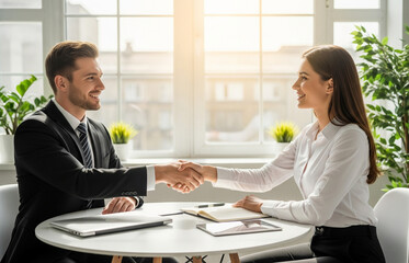 Fototapeta premium A professional man and woman are shaking hands while smiling in a modern office room, marking the beginning of a productive partnership.