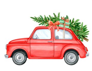 Watercolor Christmas Illustration: Red Car Carrying Tree and Gifts for Festive Season