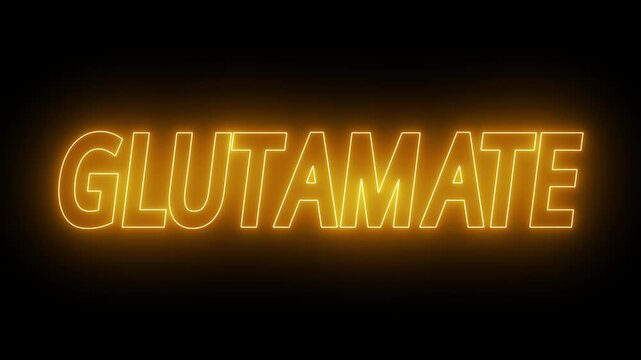 Flickering neon yellow glowing Glutamate sign animated black background. neon glutamate text animation
