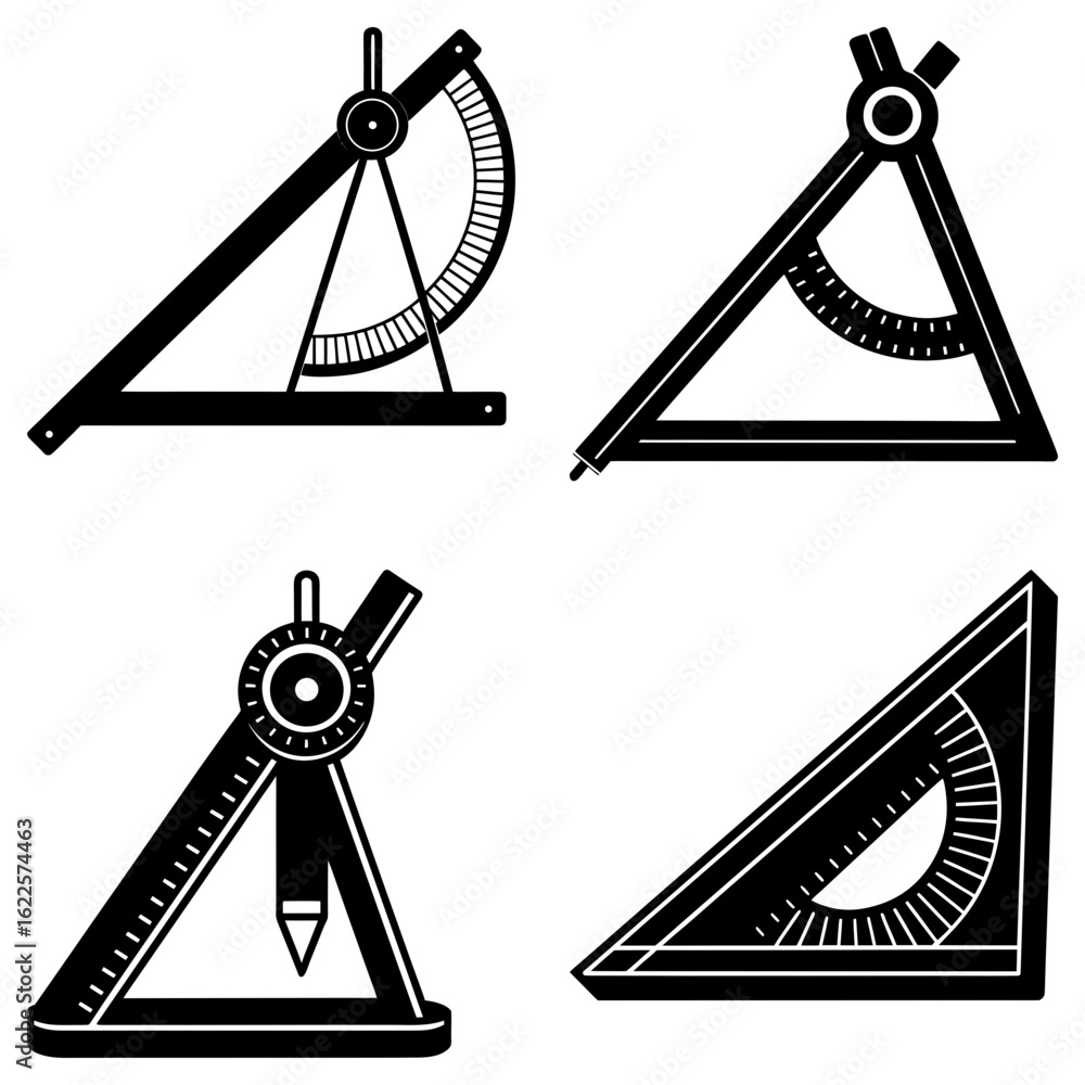 Poster four black and white drafting instruments including protractors and triangles for technical drawings