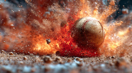 A baseball exploding with orange and white particles on a brown surface in a dynamic composition