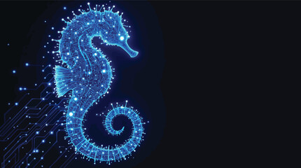 Digital seahorse illustration depicting technology and circuitry with glowing blue lines.