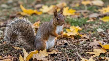 In a park filled with yellow leaves, a wary squirrel stands tall on the earth, looking straight at the camera.