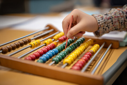 A close-up of a student's hand using an abacus to solve a math problem, combining traditional and modern learning.