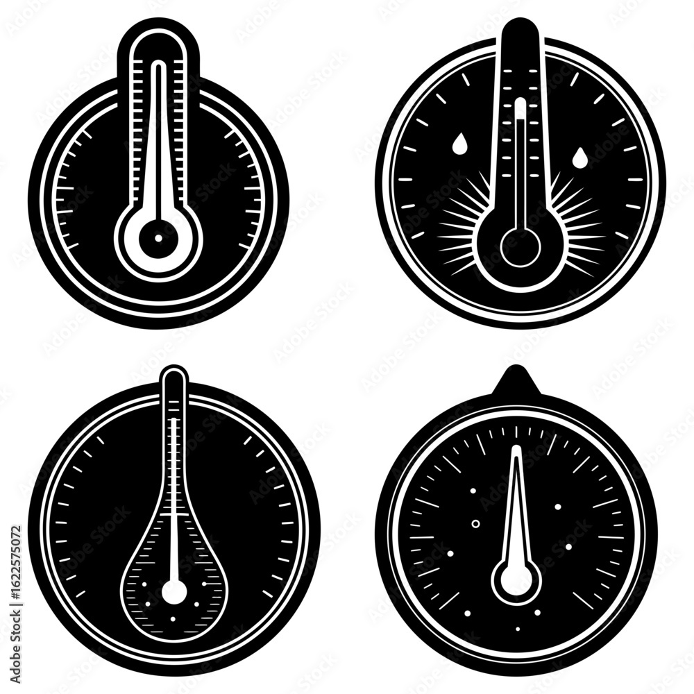 Poster illustration showing four circular temperature gauge designs with various thermometer styles and ind