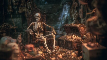 Skeleton Pirate Sitting on Throne Surrounded by Treasure Trove