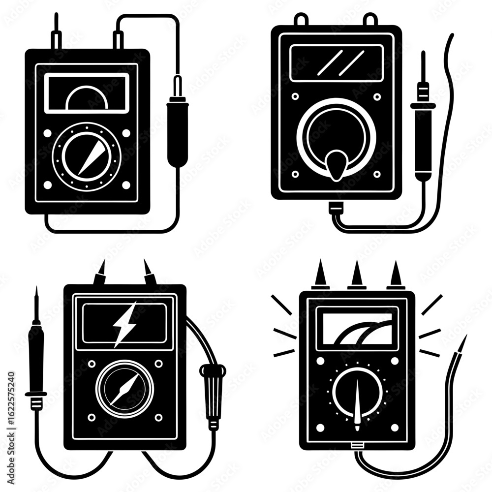 Poster illustration showing four different designs of analog multimeters in black and white vector format