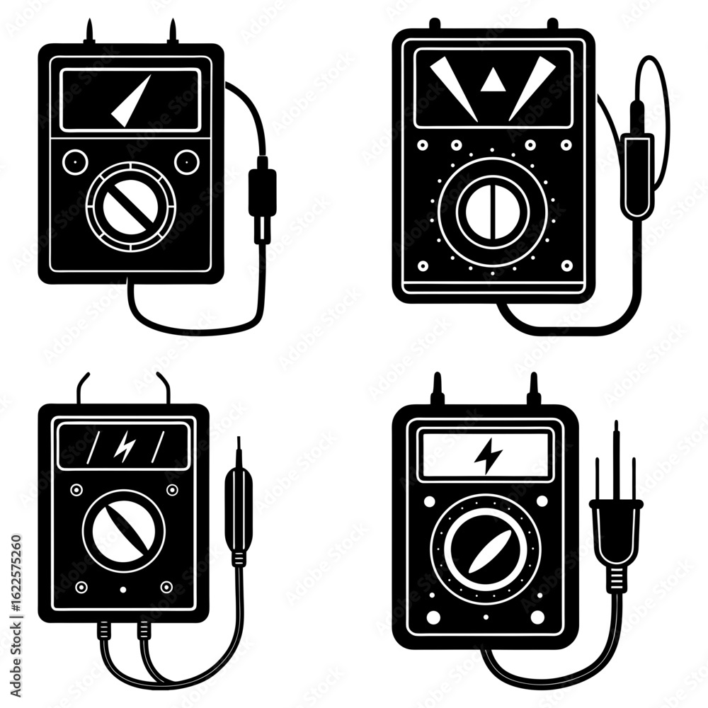 Poster illustration of four black and white analog multimeters with different displays and probe connection