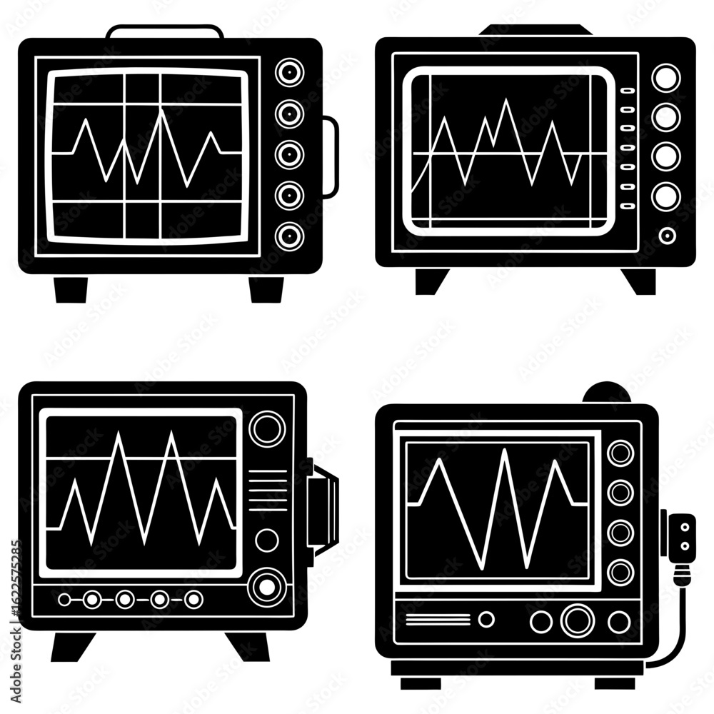 Poster four vintage oscilloscopes displaying waveform patterns in black and white illustration style
