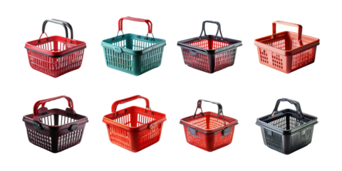 Variety of Colorful Shopping Baskets for Retail Use, PNG collection, set bundle, isolate on transparent or white background
