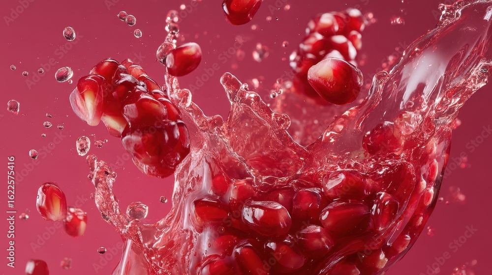 Poster exploding pomegranate seeds with splash of red juice in motion